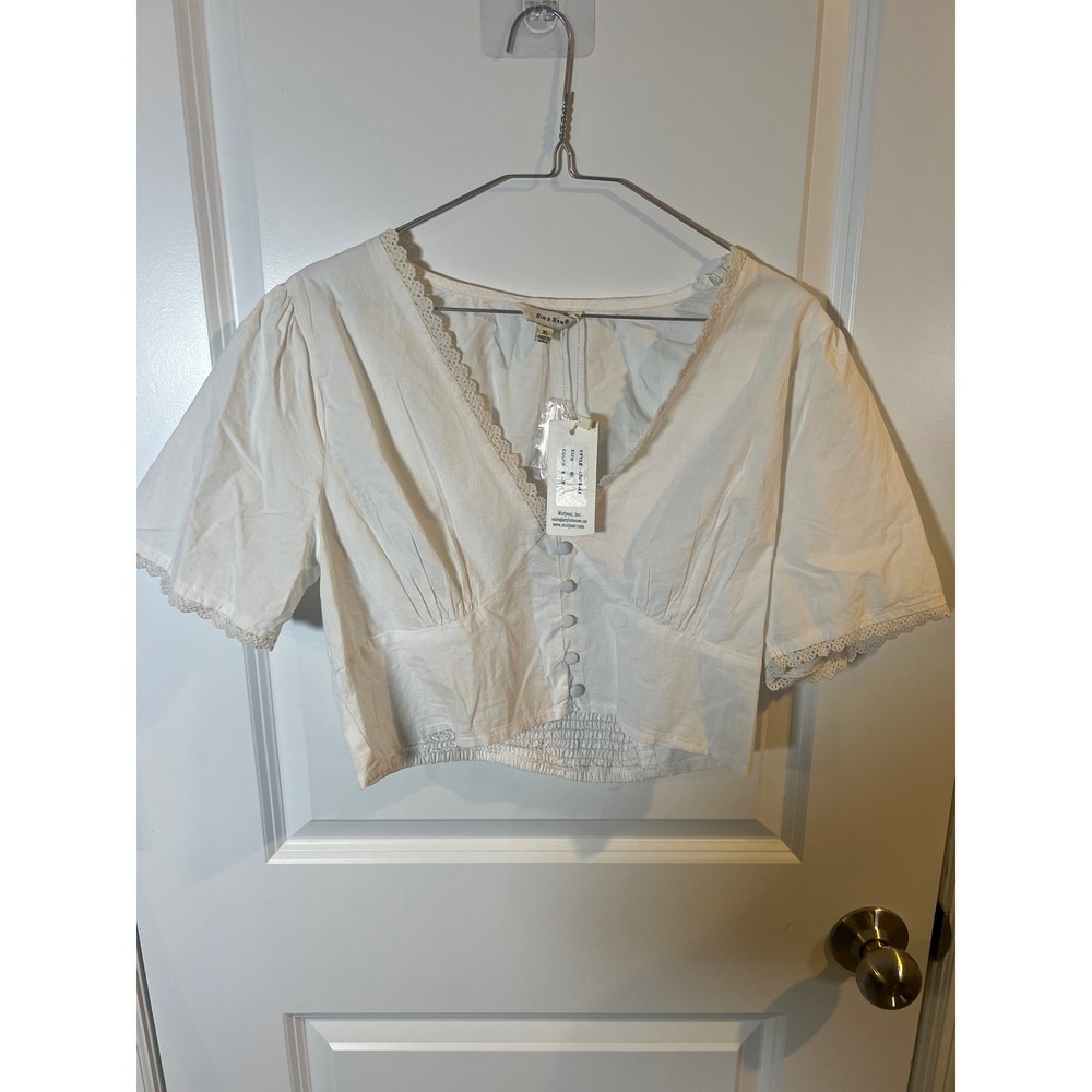 Sim & Sam Womens Cropped Blouse Lace Trim Button Front White XL NWT